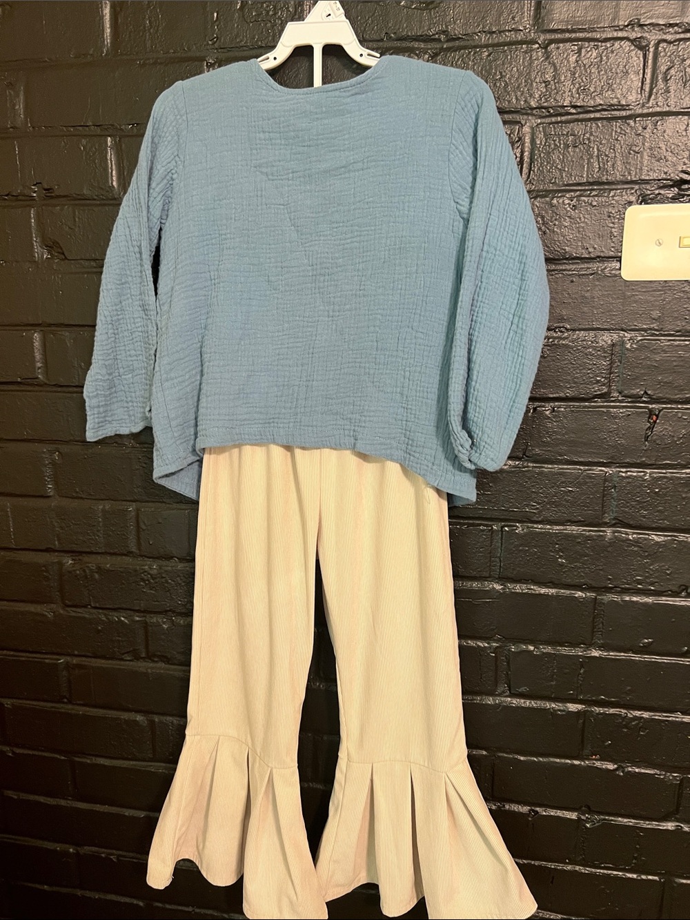 Kids Blue Gauze Top with Cream Ruffle-Hem Pants Set